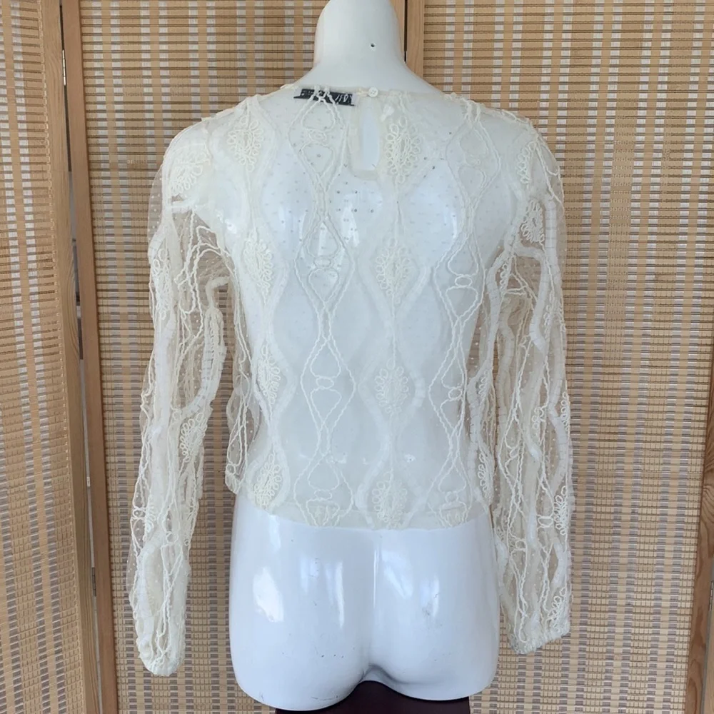 Zara white sheer lace boho long sleeve top, size Small